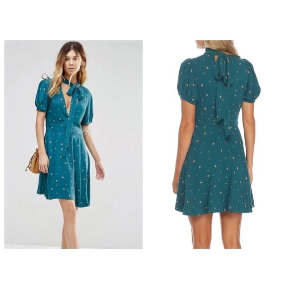 Free People Abbie Printed Mini Dress in Teal Reversible Size 6 - Picture 1 of 8